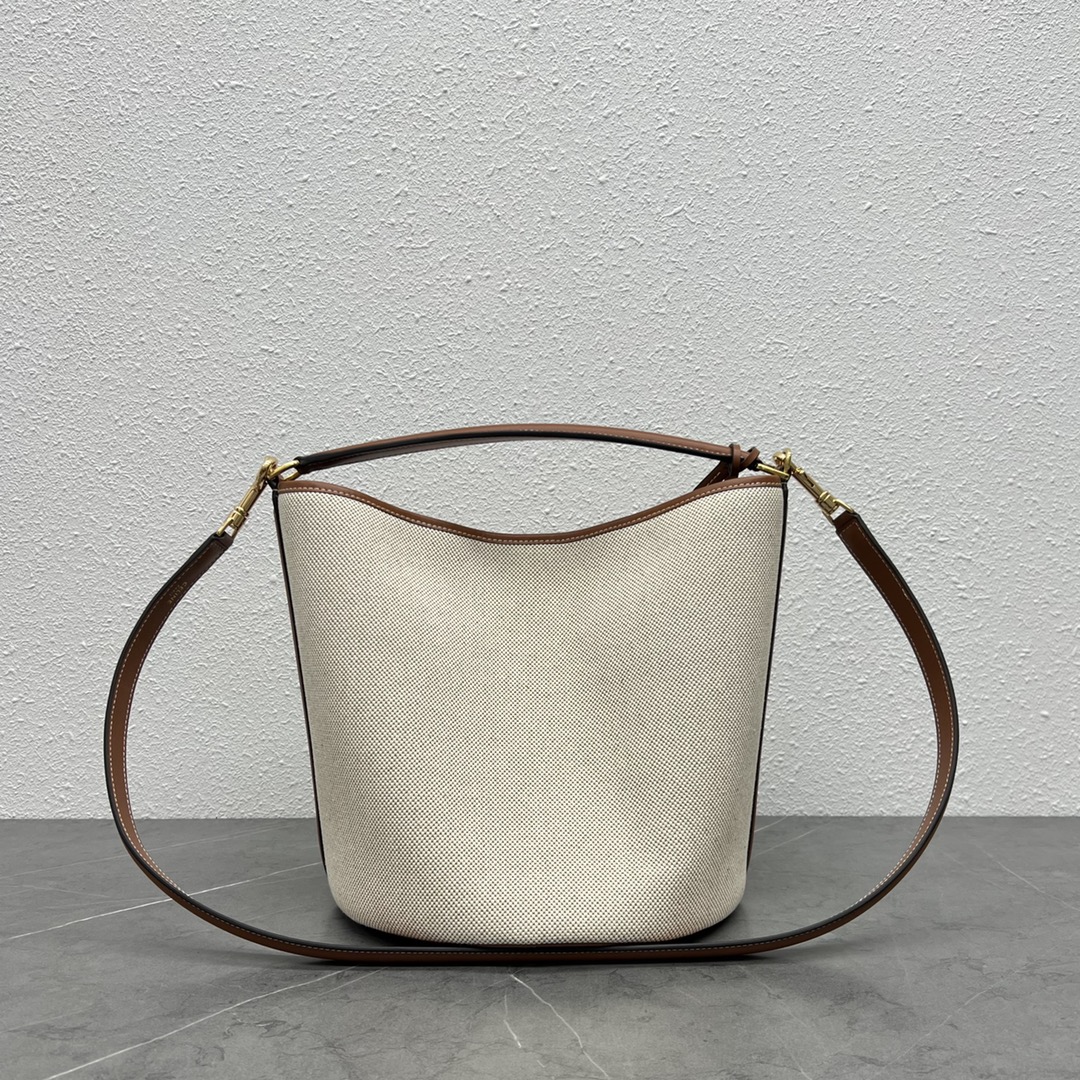 Celine Bucket 16 Smooth Calfskin Canvas Handbag Shoulder Bag Tan/White 195573